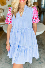 Load image into Gallery viewer, Puff Sleeve Dress | Sky Blue Stripe Contrast Floral Ruffle Dress
