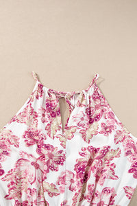 Pitaya Pink Hollowed Halterneck Floral Peplum Tank Top | Tops/Tank Tops