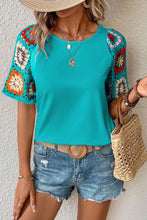 Load image into Gallery viewer, Short Sleeve Top | Turquoise Floral Crochet Blouse
