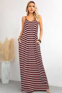 Maxi Dress | Red Stripe Side Pockets Spaghetti Straps Dress