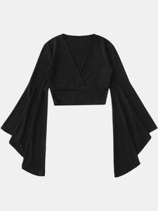 Womens Crop Top |  Black Plunge Flare Sleeve Cropped Top | Tops/Crop Tops