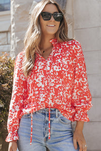 V-Neck Blouse | Fiery Red Floral Ruffled Notched