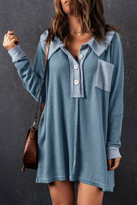 Sky Blue Waffle Knit Buttoned Long Sleeve Top | Tops/Long Sleeve Tops