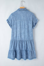 Load image into Gallery viewer, Sky Blue Acid Wash V Neck Tiered Denim Dress | Dresses/Mini Dresses
