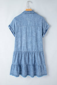 Sky Blue Acid Wash V Neck Tiered Denim Dress | Dresses/Mini Dresses