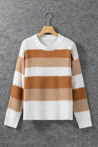 Chestnut Striped Cable Knit Drop Shoulder Sweater | Tops/Sweaters & Cardigans