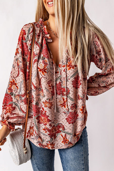 Pink Split V Neck Printed Blouse | Tops/Blouses & Shirts