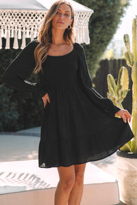 Black Bishop Sleeve Smocked Tiered Mini Dress | Dresses/Mini Dresses