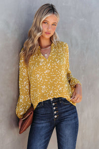 Yellow Split Neck Fall Printed Crinkled Blouse | Tops/Blouses & Shirts