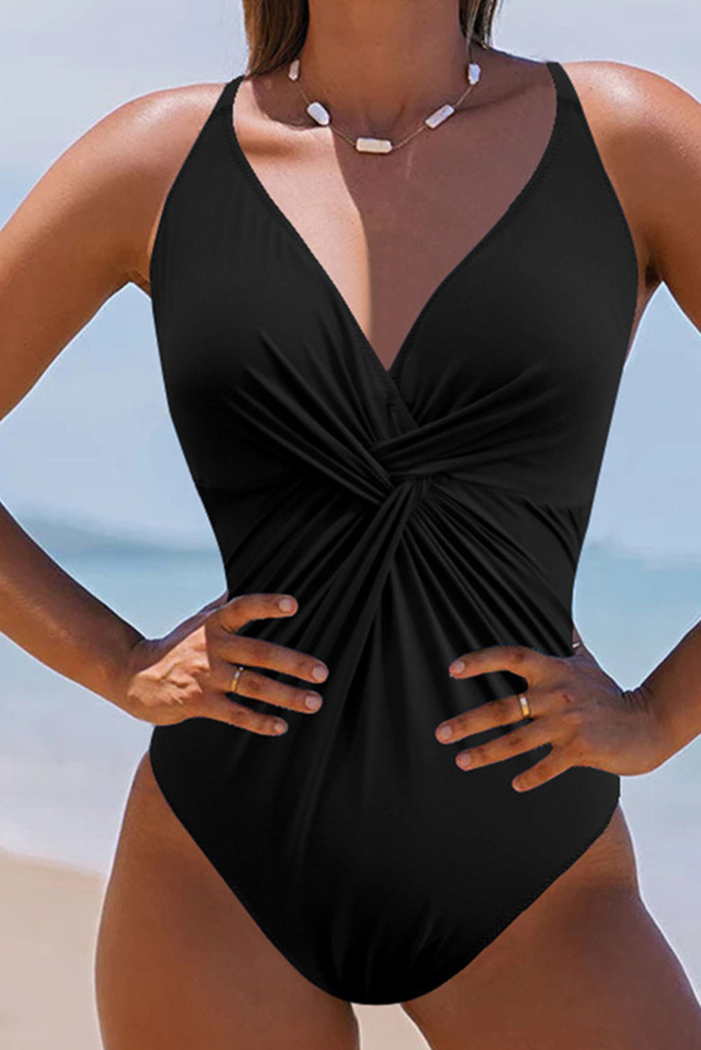 Black V Neck Twist Ruched Crisscross Backless One-Piece Swimsuit | Swimwear/One Piece Swimsuit