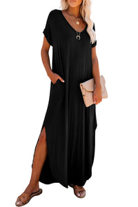 Black V Neck Hidden Pocket Splits Maxi T-shirt Dress | Dresses/T Shirt Dresses