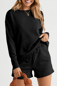 Drawstring Shorts Set | Black Textured Long Sleeve Top Shorts