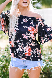 Blue Ruffle Off Shoulder Flounce Sleeve Floral Blouse | Tops/Blouses & Shirts