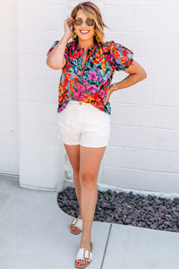 Multicolour Floral Print Ruffle Trim Bubble Sleeve Split Neck Blouse | Tops/Blouses & Shirts