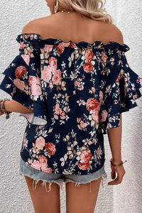 Blue Ruffle Off Shoulder Flounce Sleeve Floral Blouse | Tops/Blouses & Shirts