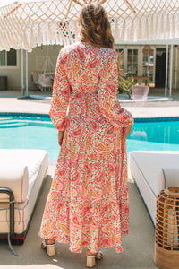 Orange Boho Holiday Paisley Print Tiered Long Sleeve Maxi Dress | Dresses/Maxi Dresses