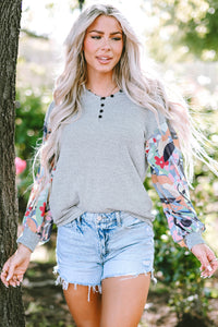 V Neck Top | Gray Floral Lantern Sleeve Patchwork Blouse