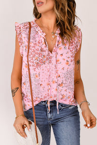 Pink Floral Print Drawstring Frill Trim Sleeveless Top | Tops/Tank Tops