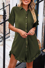 Load image into Gallery viewer, Pleated Shirt Dress | Green High-Low Hem Ruffle Sleeve Dress
