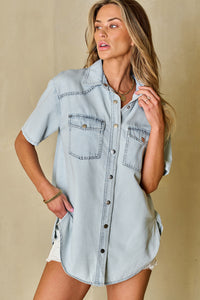 Mist Blue Vintage Light Wash Flap Pockets Rounded Hem Shirt | Tops/Blouses & Shirts