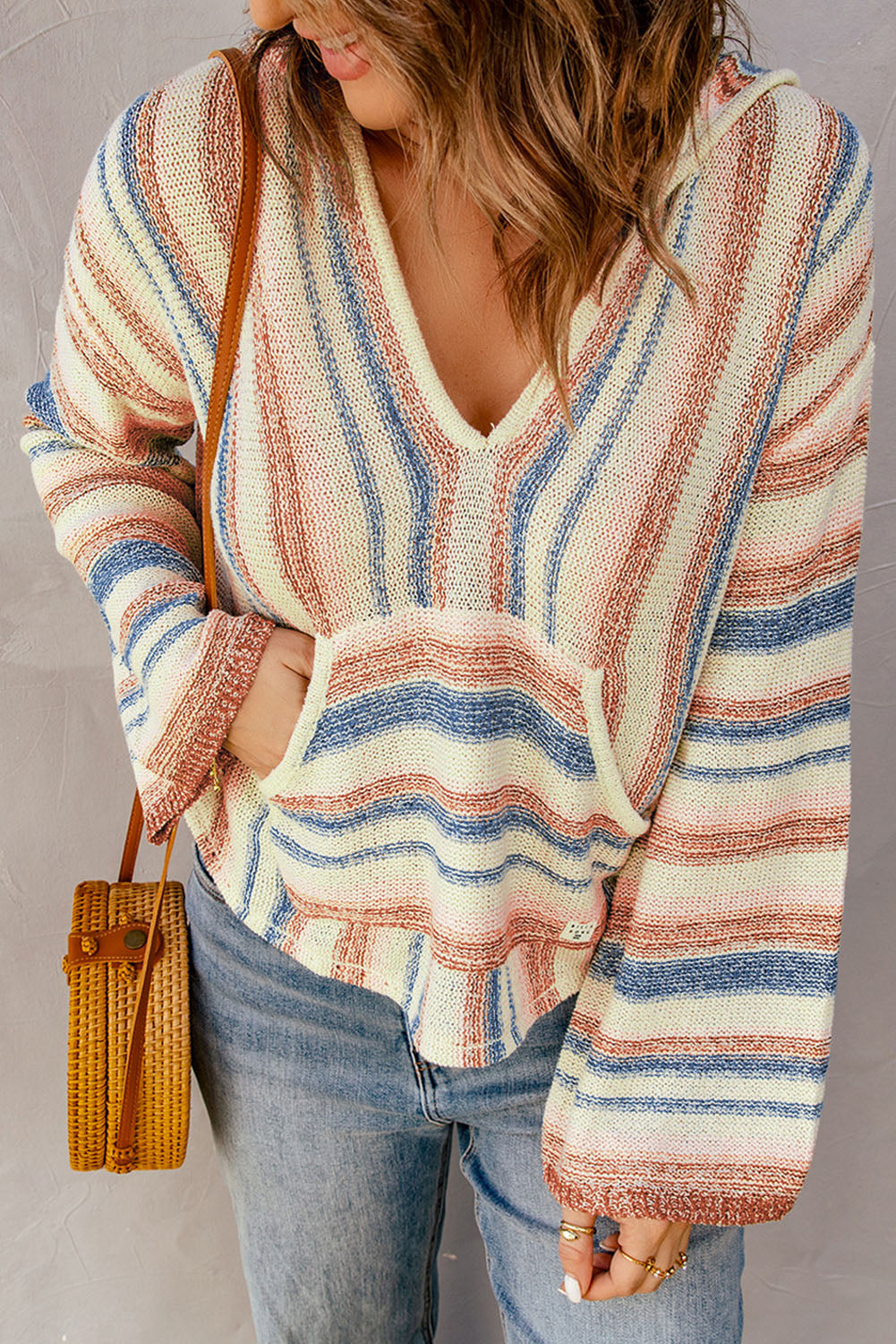 Multicolor Striped Knit Kangaroo Pocket Hooded Sweater | Tops/Sweaters & Cardigans