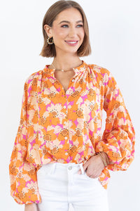 Floral Print Top | Orange Loose Sleeve Shirt