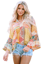 Load image into Gallery viewer, Multicolor Paisley Print Bell Sleeve Lace V-Neck Button Sheer Blouse | Tops/Blouses &amp; Shirts
