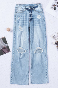 Sky Blue Distressed Hollow-out Knees Wide Leg Jeans | Bottoms/Jeans