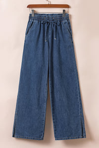 Wide Leg Jeans | Dark Blue Drawstring Elastic Waist