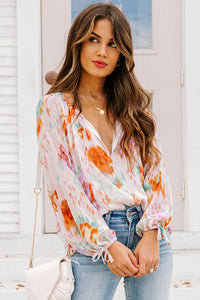 Womens Blouse | Multicolor Abstract Print Split Neck Puff Sleeve Blouse | Tops/Blouses & Shirts