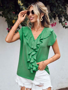 V Neck Blouse | Ruffled V-Neck Short Sleeve Blouse