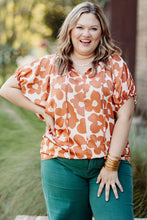 Load image into Gallery viewer, Orange Plus Size Floral Print Drawstring V Neck Short Sleeve Blouse | Plus Size/Plus Size Tops/Plus Size Blouses &amp; Shirts
