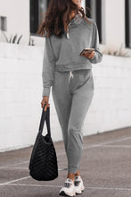 Load image into Gallery viewer, Lounge Set | Gray Drawstring Hoodie and High Waist Pants
