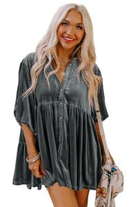 Dark Grey 3/4 Sleeve Tunic Babydoll Velvet Shirt | Tops/Blouses & Shirts