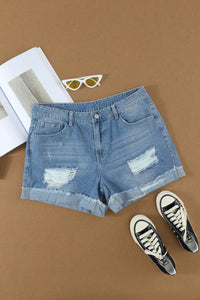 Distressed Ripped Rolled Hem Sky Blue Denim Shorts | Bottoms/Denim Shorts