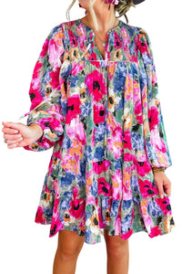 Multicolour Floral Tie Neck Bubble Sleeve Shift Dress | Dresses/Floral Dresses