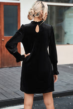 Load image into Gallery viewer, Black Velvet Frill Neck Long Sleeve Shift Dress | Dresses/Mini Dresses
