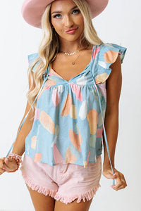 Cap Sleeve Top | Sky Blue Splotches Pattern Ruffled Shift Top