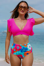 Load image into Gallery viewer, Rose V Neck Ruffles Floral Print High Waist Bikini | Swimwear/High Waisted Swimsuit
