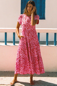 Bohemian Dress | Pink Printed Short Sleeve Flare Tiered Dress