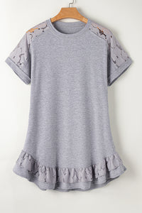 Light Grey Lace Floral Patchwork Ruffled T-shirt Dress | Dresses/T Shirt Dresses