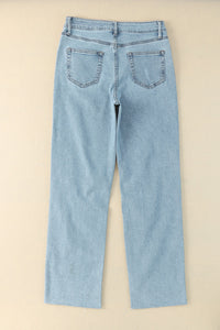 Straight Leg Jeans | Sky Blue Distressed Frayed Hem Holed