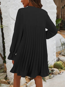 Pleated Mini Dress | Tie Neck Flounce Sleeve