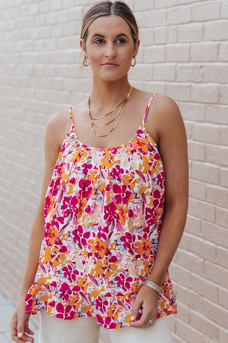 Fiery Red Floral Print Loose Fit Spaghetti Strap Tank Top | Tops/Tank Tops