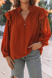 Orange Ruffled Pleated Buttoned V Neck Blouse | Tops/Blouses & Shirts