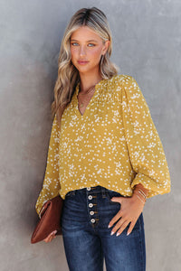 Yellow Split Neck Fall Printed Crinkled Blouse | Tops/Blouses & Shirts