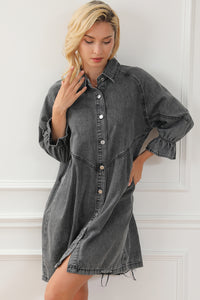 Denim Mini Dress | Gray Buttoned Long Sleeve