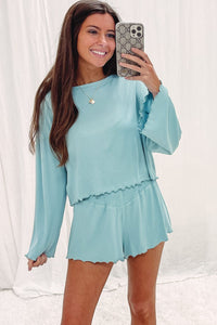 Shorts Set | Sky Blue Long Sleeve Top High Waist