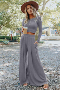 Pants Set | Gray Solid Color Ribbed Crop Top