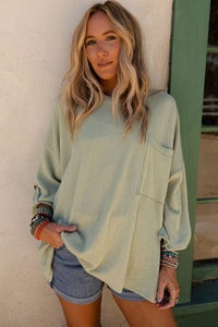 Oversized Top | Green Ribbed Roll-Tab Sleeve Chest Pocket